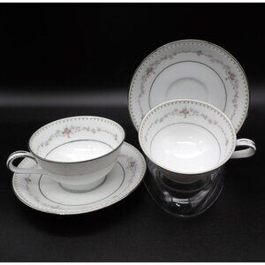 Noritake Fairmont 6102 Cups & Saucers Set of 2 Pink Rose Platinum Trim Japan VTG